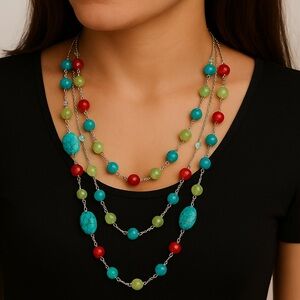 Faux Turquoise Necklace Chalcedony beads Silvertone chain 19”
